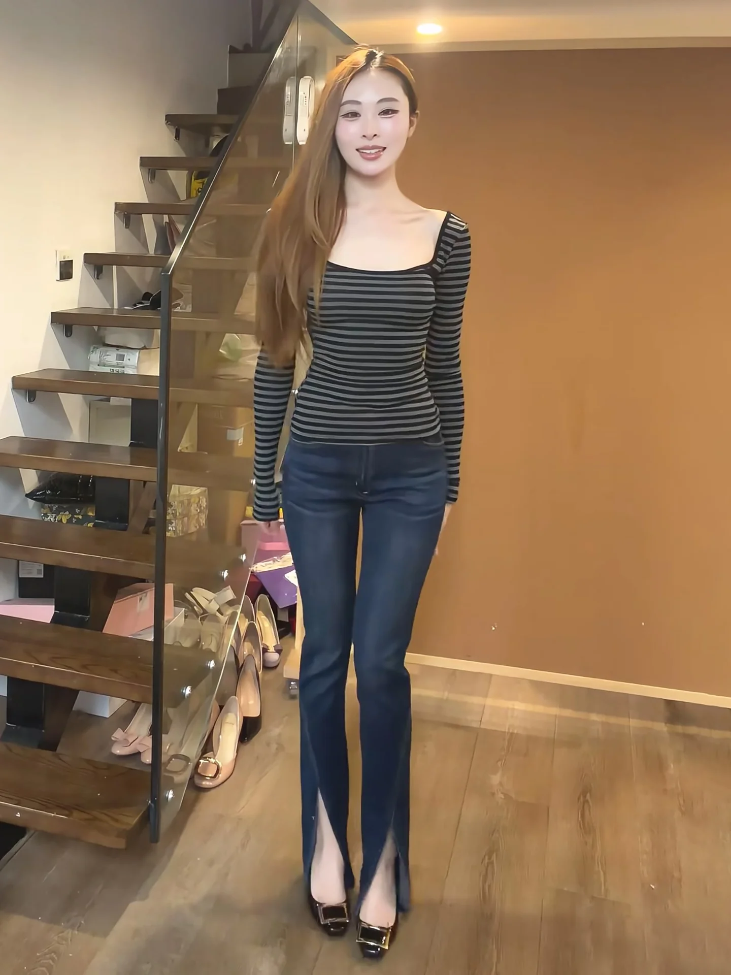 

American Retro High Waist Bell Bottom Jeans Women's Design Sense Slit Tummy Control Slimming Casual Long Pants