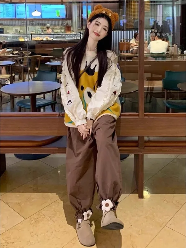 

Большие размеры 300, женский корейский дизайн, круглый Ne irt, тяжелый жилет с героями мультфильмов, широкие брюки, комплект футболок, повседневная спортивная одежда