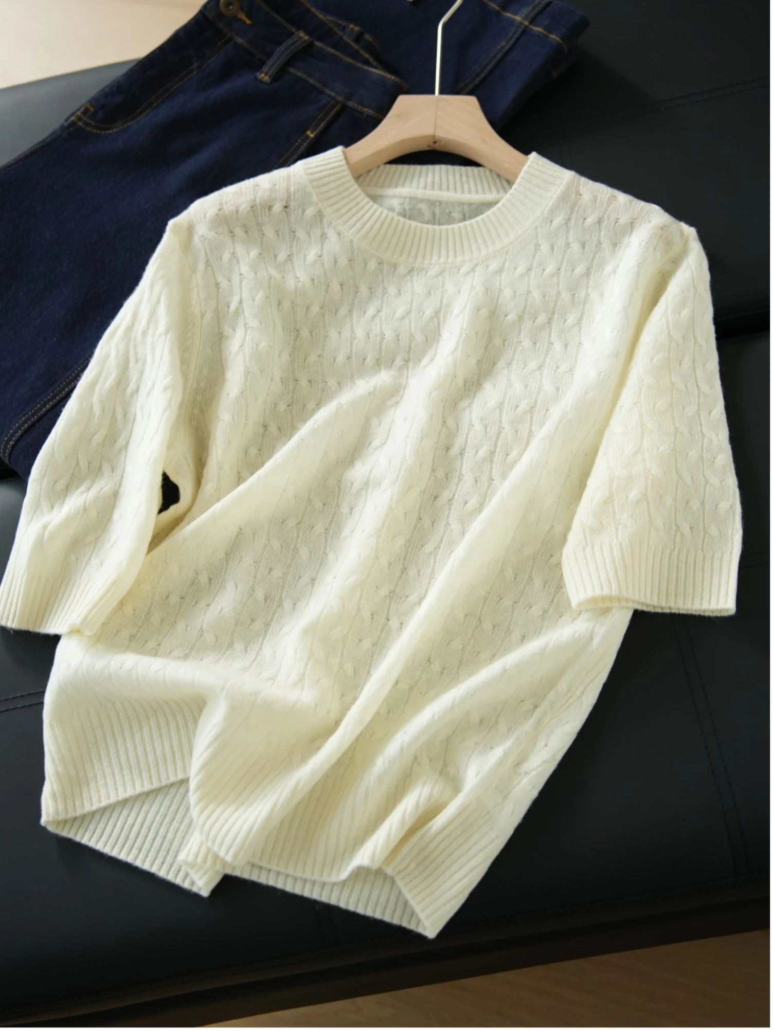 

Весенне-осенний женский вязаный шерстяной топ с коротким рукавом, однотонный, с узором косы, свободного кроя, с круглым вырезом, тонкий, производство Китай