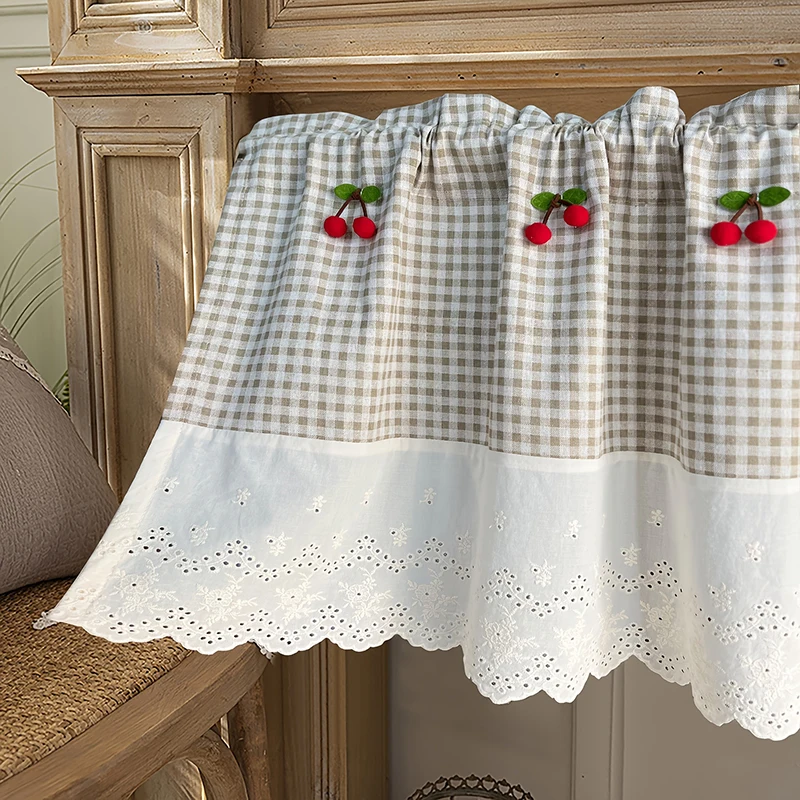 1Piece Japanese Style Vintage Plaid Cherry Design Semi-Sheer Cafe Curtain For Kitchen Living Room Bedroom Farmhouse Home Decor
