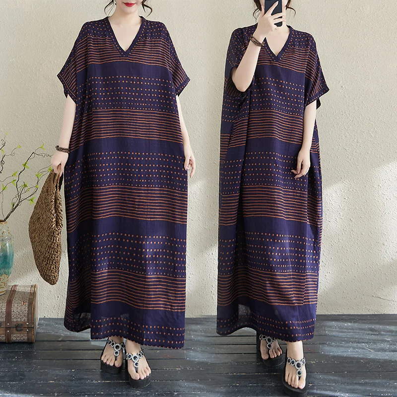 

Новое летнее хлопково-льняное платье с принтом, V-образным вырезом, свободного кроя, больших размеров, в простом отпускном стиле, длинное, женское, пляжное, тонкое, А-силуэта