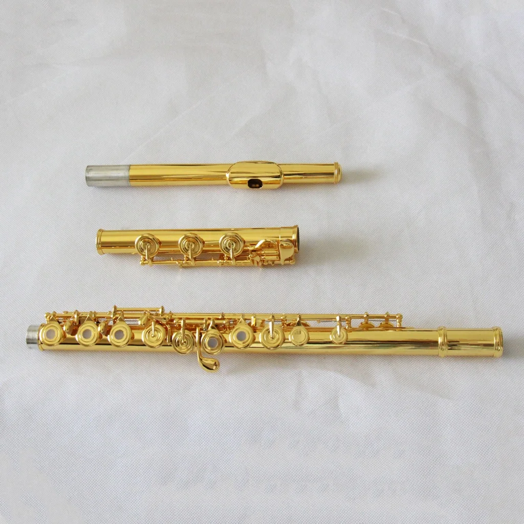 High Quality Flute Musical Instrument Professional Solid Silver Body Gold Plated Flute Musical Instrument