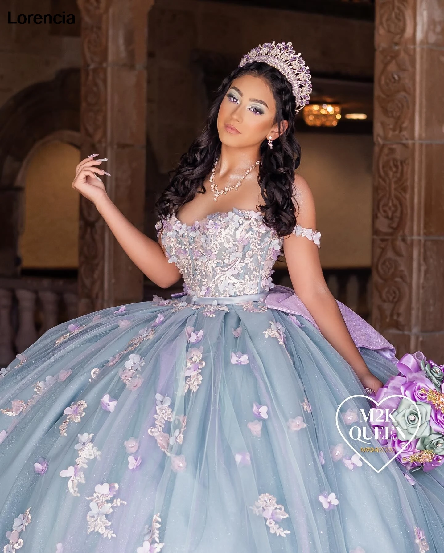 Lorencia Mexican Blue Quinceanera Dress Ball Gown Pink Floral Applique Beads With Bow Corset Sweet 16 Vestidos De 15 Años YQD915