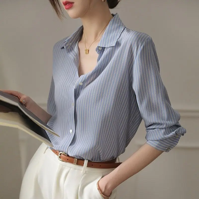 Blue Striped Shirts & Blouses for Women Full Long Sleeve Woman Top Chiffon Spring Autumn Button Up Loose Aesthetic High Quality