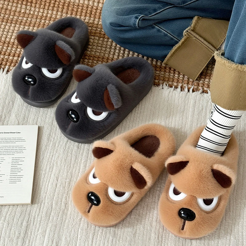 

Пушистые домашние тапочки Angry Dog Puppy для женщин и мужчин, теплые зимние, плюшевые, меховые, комнатные, термостойкие, милые, уютные, на плоской подошве