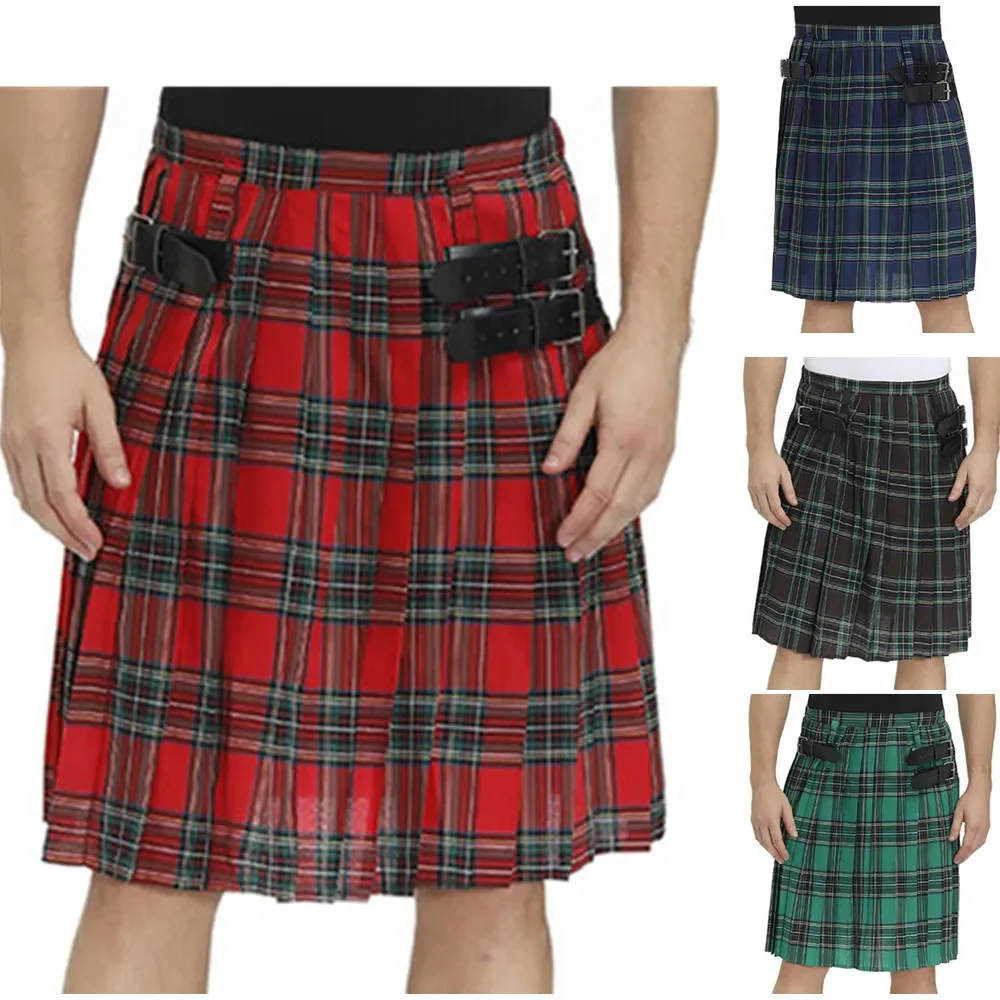 Kilt tradicional dos homens escoceses com cinto bilateral, Highland Tartan Kilt plissado masculino