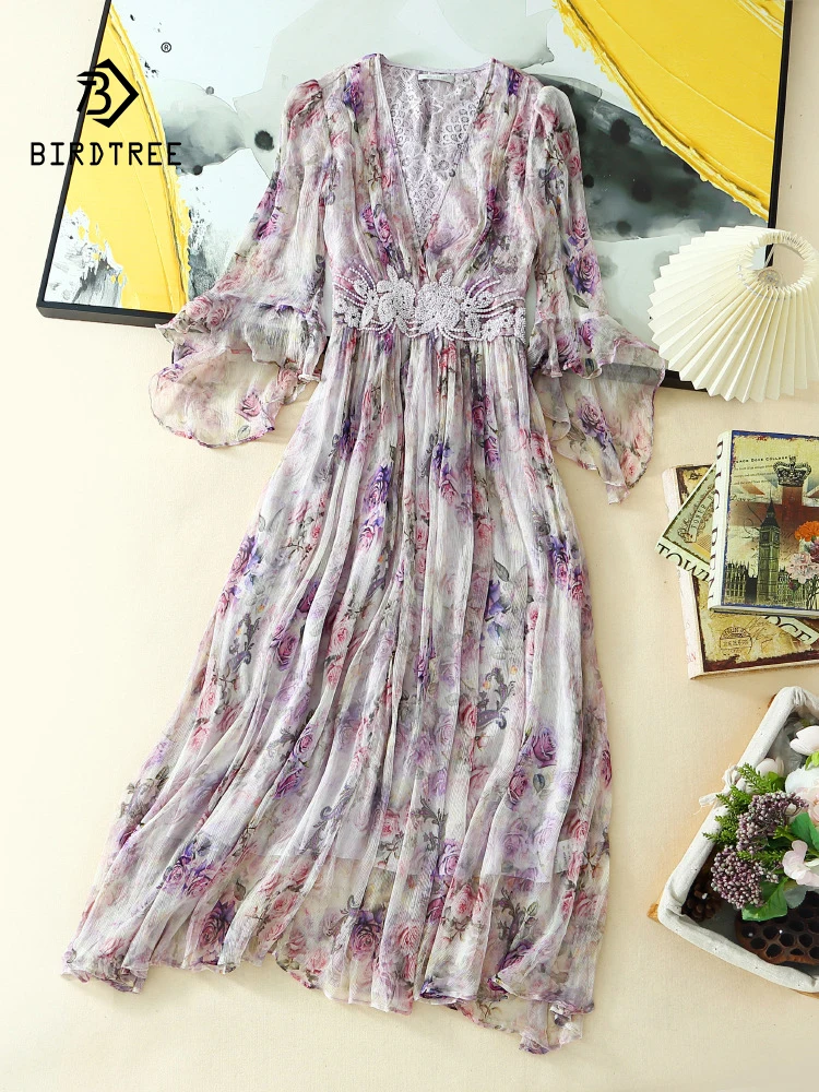 

BirdTree, 100%Real Silk Elegant Dresses, Women Butterfly Sleeve Floral, French Vacation Fairy Dress, 2024 Summer Fall D46949QC