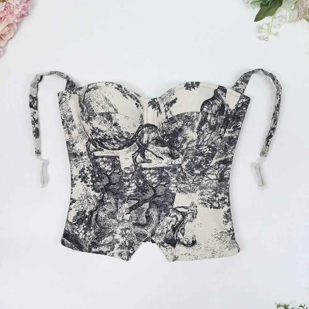 French Style Printed Corset Waist Training Boned Bustier Top Women Vintage Strapless Cami Ink Wash Retro Comfortable Tight 34-40