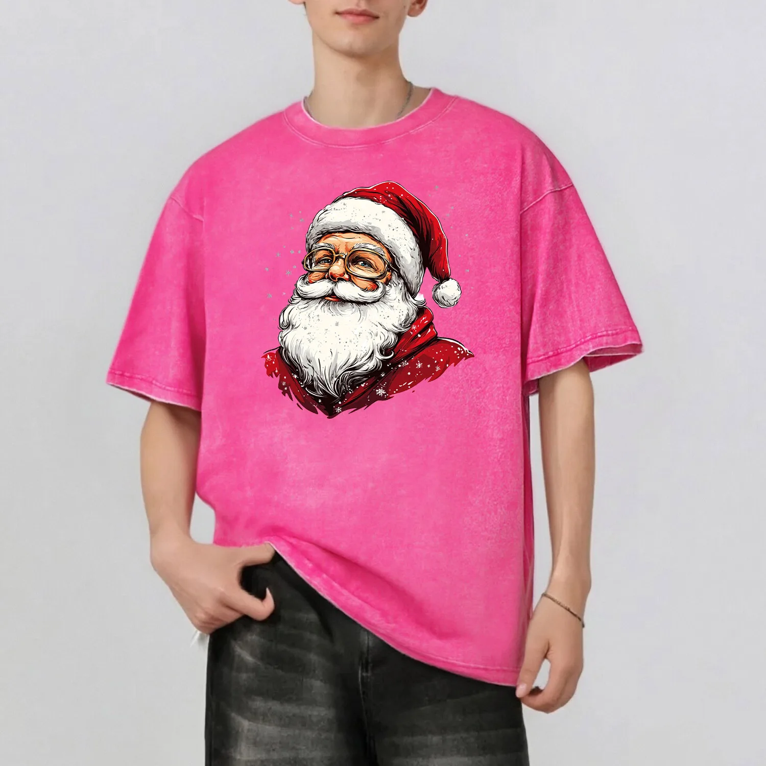

Модная стираная футболка с графическим принтом Санта-Клауса в стиле ретро, повседневная футболка унисекс с короткими рукавами, топ из 100% хлопка, 230 г