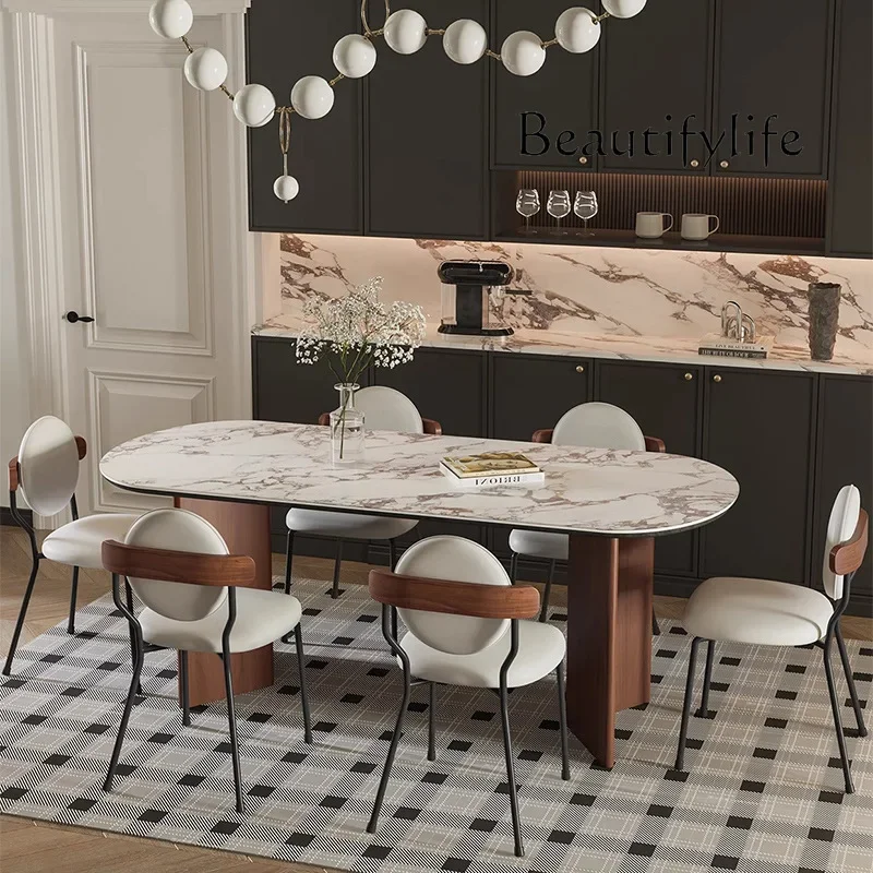 

X35 Oval French Retro Wabi-sabi Wind Solid Wood Walnut Travertine Rock Slab Home Dining Table