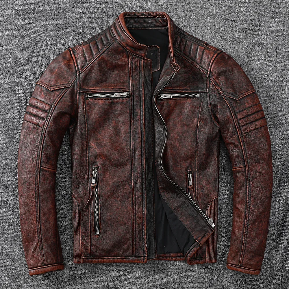 Vintage Motorcycle Jackets Men Leather Jacket 100% Genuine Cowhide Leather Coat Male Biker Clothing Autumn Asian Size S-4XL M696