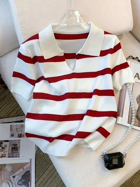 Sweter z kołnierzykiem w paski, uniwersalny krótki rękaw, dzianinowy top na wiosnę i lato, odzież damska, crop top, nowy wzór 2026.