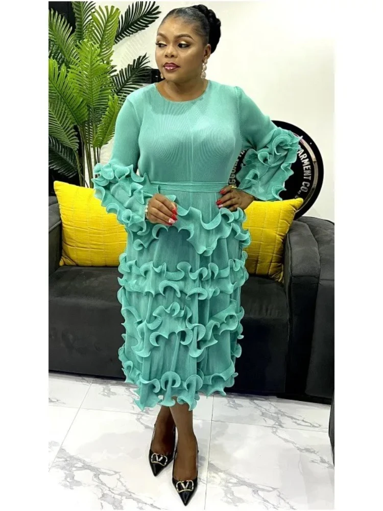 

Pleated Elegant Dress for Women 2025 New Solid Color Dense Edge Round Neck Long Sleeve Loose Plus Size Women's Dress Hot Sales