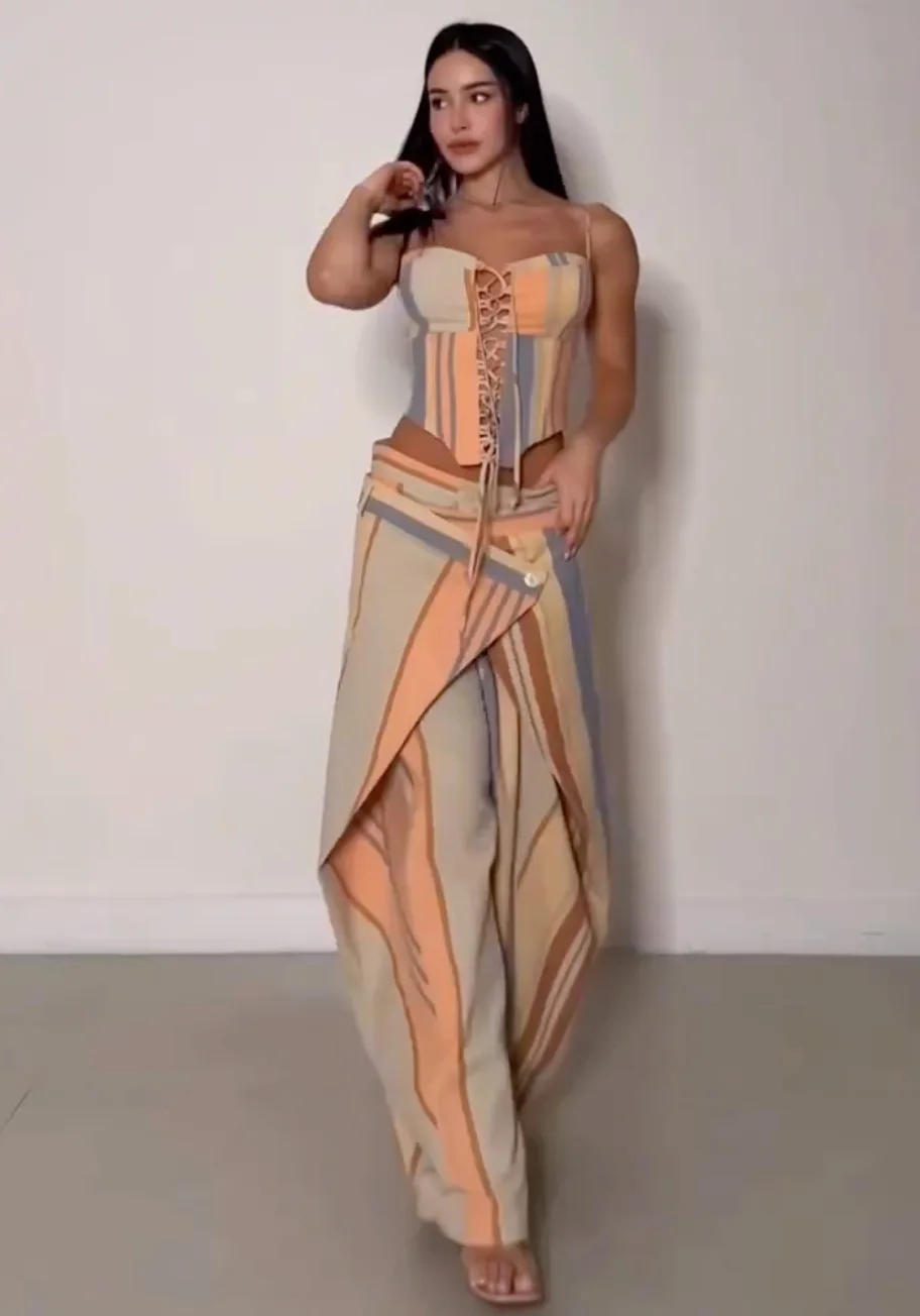 Sexy Print Vest Pants Women's Set Beach Patchwork Slash Neck Lace Up Top Pleated Trousers 2026 Summer Holidays Lady Outfit New view 5