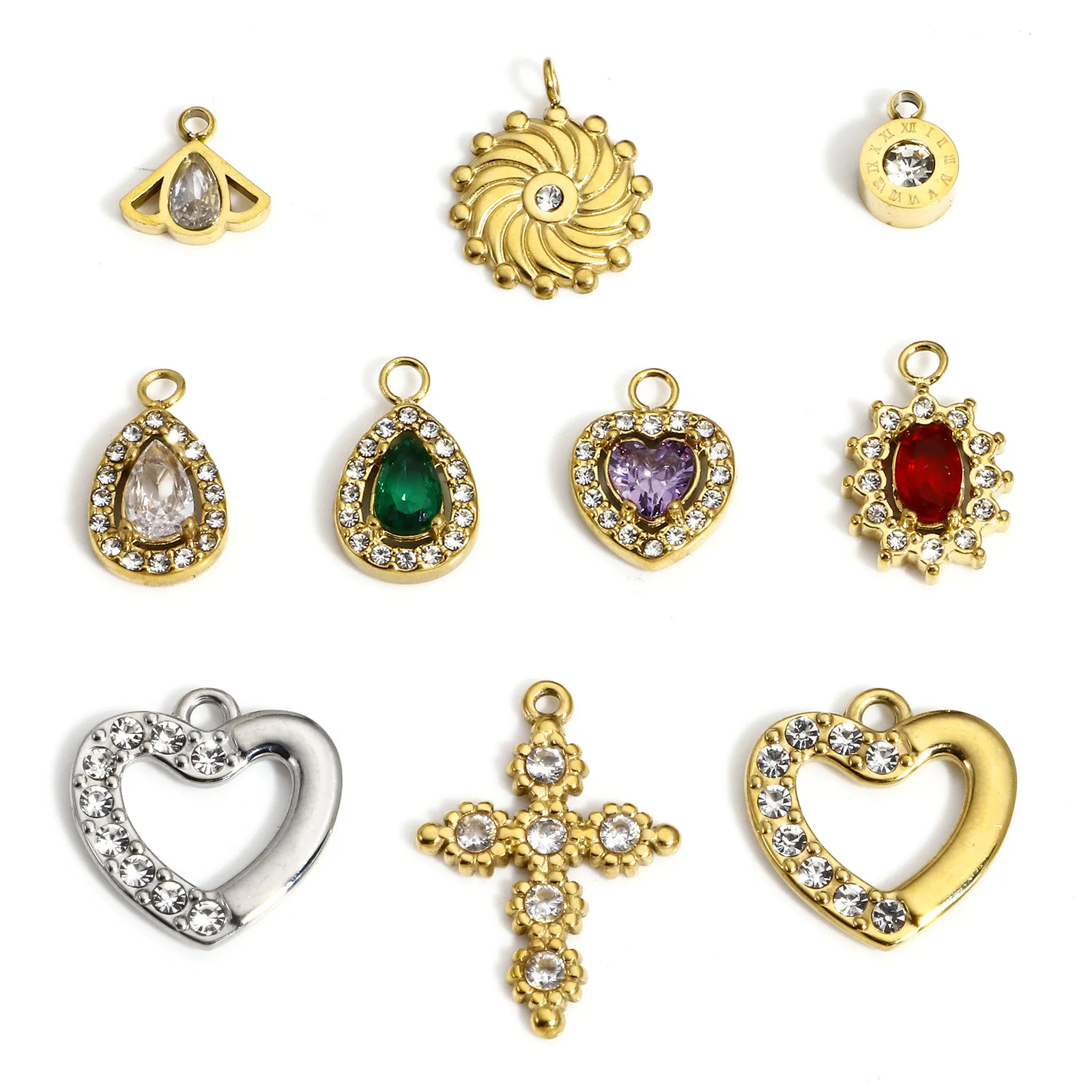 1 Piece 304 Stainless Steel Stylish Charms Heart Multicolor Rhinestone Cross Water Drop Angel Pendants For DIY Jewelry Making