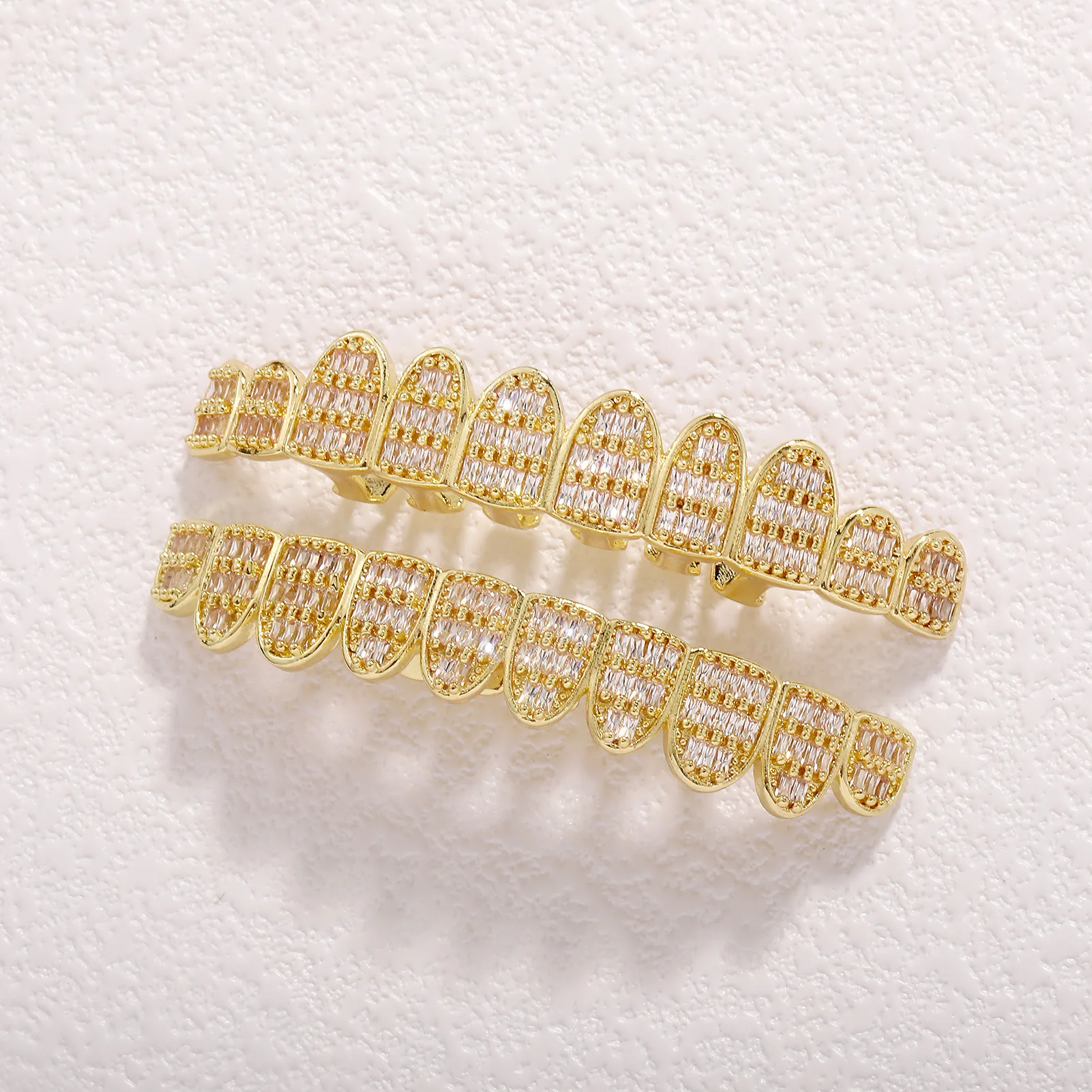 14K Gold Plated 3 Rows Baguette Cut CZ Full Iced 10 Teeth Hip Hop Grillz Halloween Cosplay Decor Tooth Jewelry Set