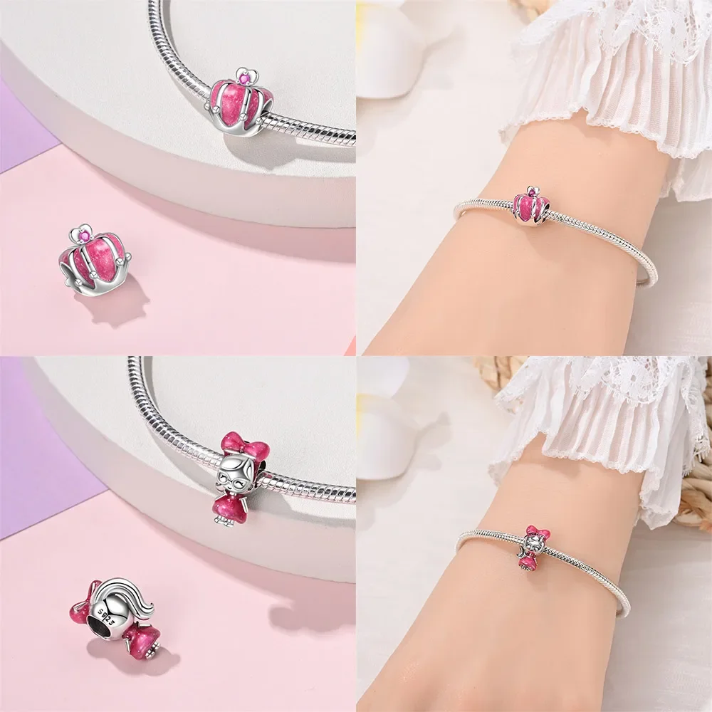 Gorgeous 925 Sterling Silver Cute Princess Pink Bag Crown Beads Charms Fit Bracelets and Necklaces Fine Jewelry for Women Girls