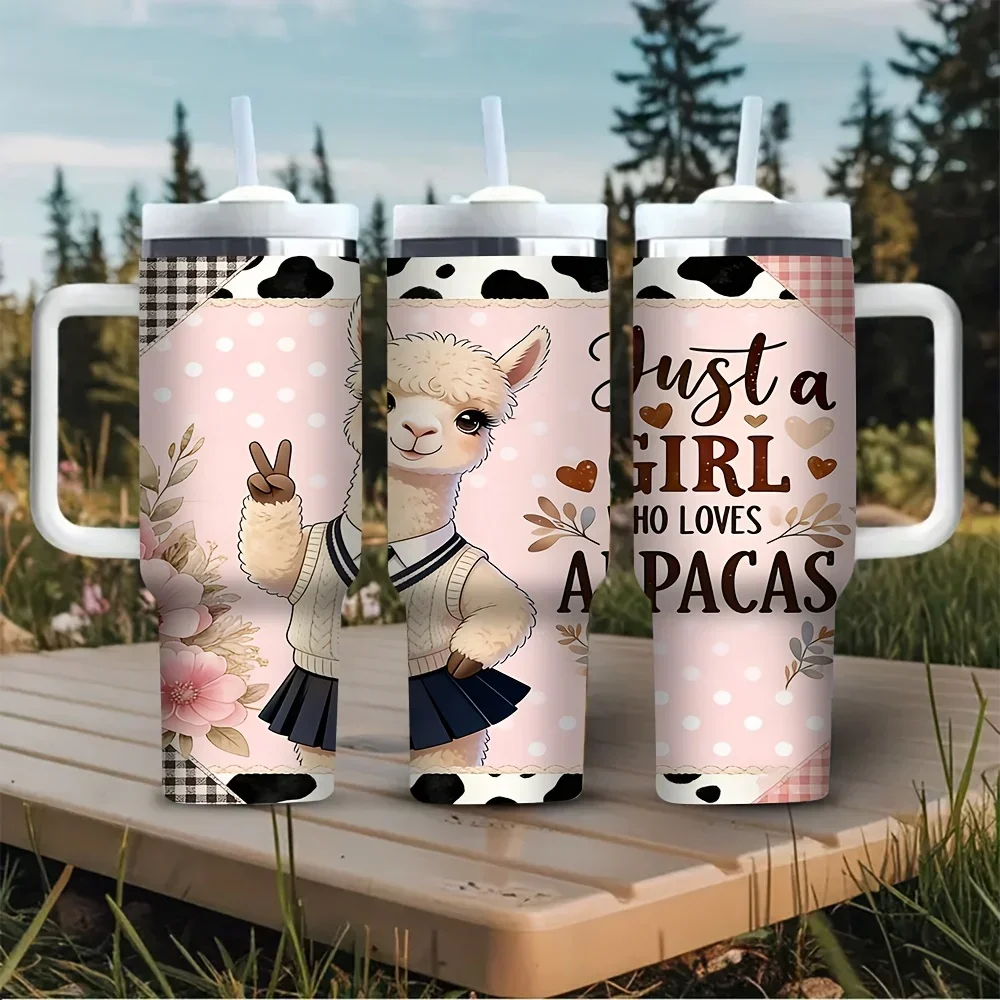 40oz Tumbler with Handle, Features Cute Alpaca Print, Suitable for Girls And Women Who Love Alpacas, Fits Both Hot And Cold Drinks, Perfect for Daily Use And Outdoor Travel Activities