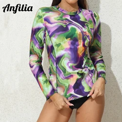 Anfilia donna Rash Guard girocollo maniche lunghe UPF 50 + surf top Tie-Dyed Quick Dry lattuga Trim costumi da bagno t-shirt