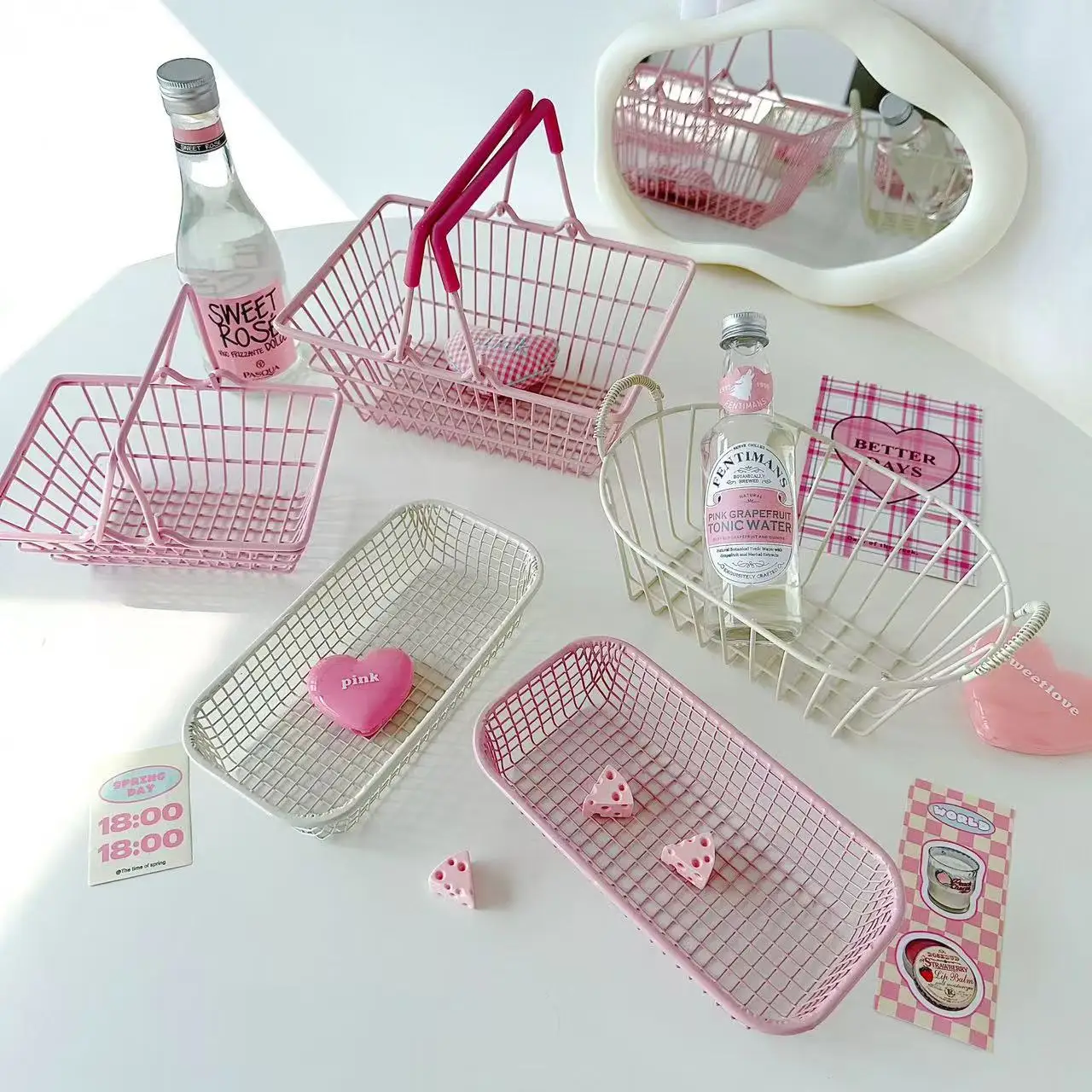 

Ins Desktop Storage Basket Sundries Basket Dormitory Desktop Decorative Ornaments Iron Mini Shopping Basket