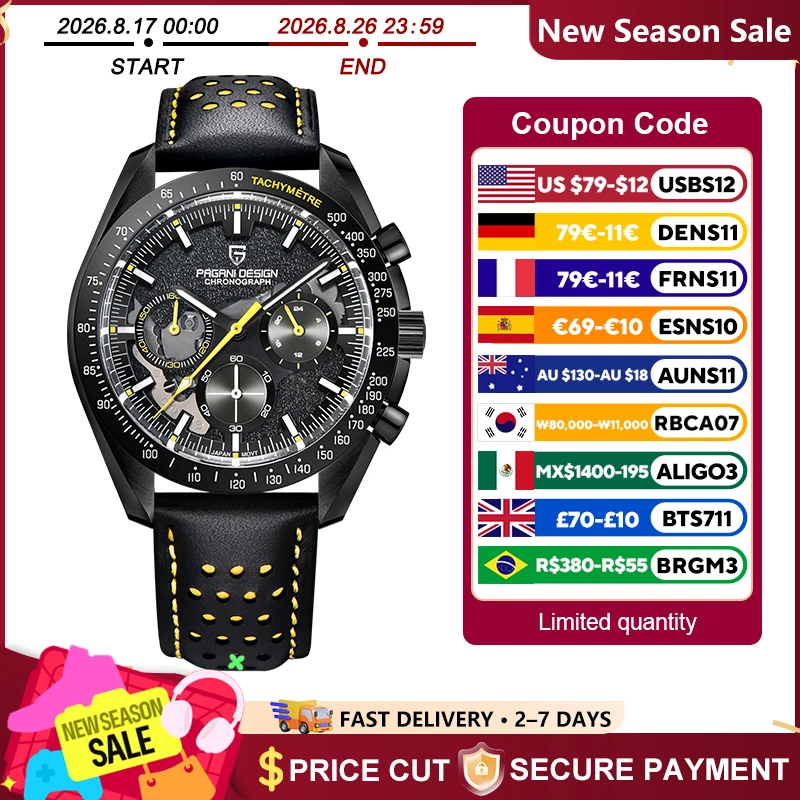 PAGANI DESIGN Neue Vollschwarze Herren-Quarzuhren Luxuriöse Leuchtende Edelstahl-Chronographen-Armbanduhr mit Lederarmband 2026