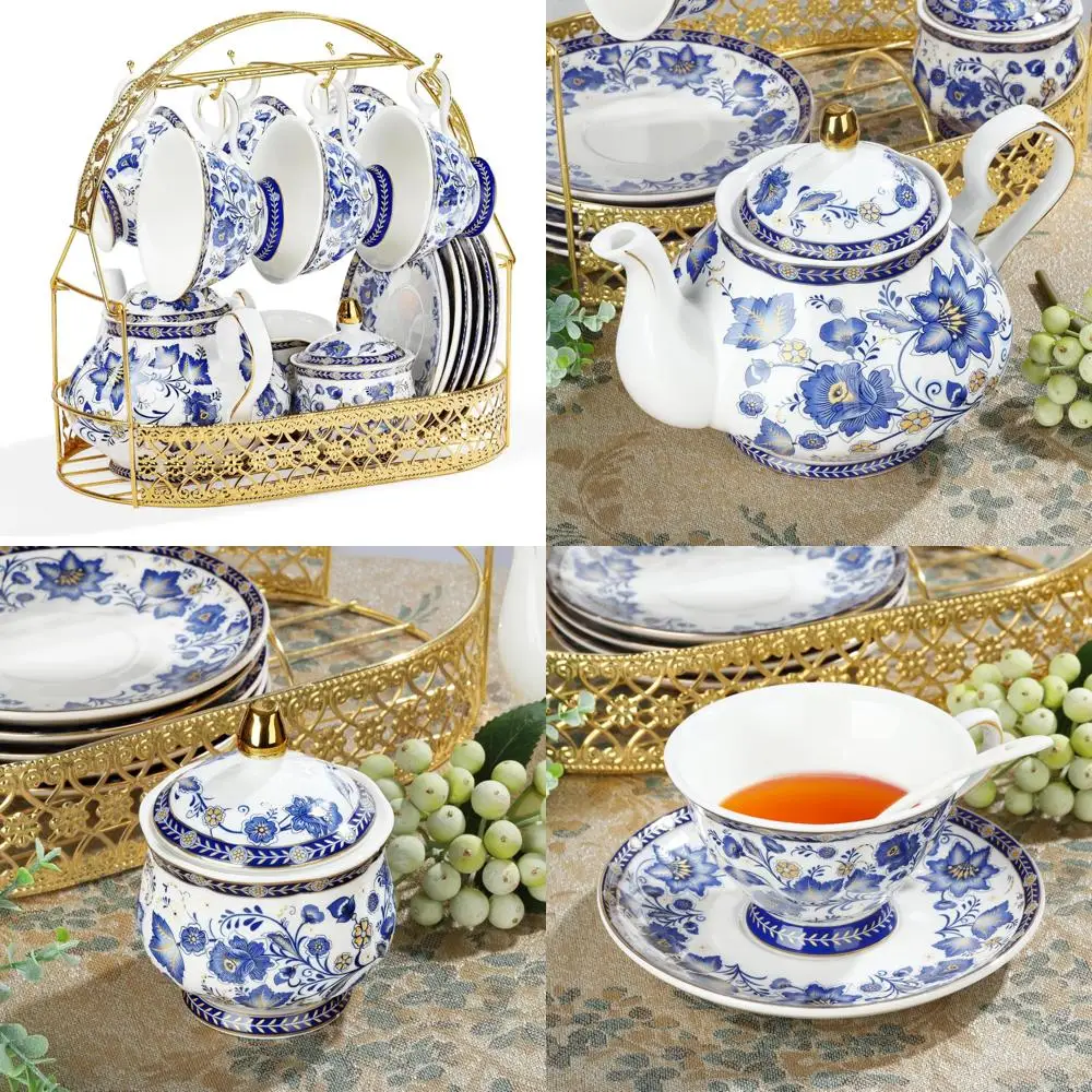 

Blue Porcelain Tea Sets with 6 Piece Coffee Cups and Saucers, Teapot, Sugar Bowl, Creamer Pitcher, and Golden Trim, Traditional