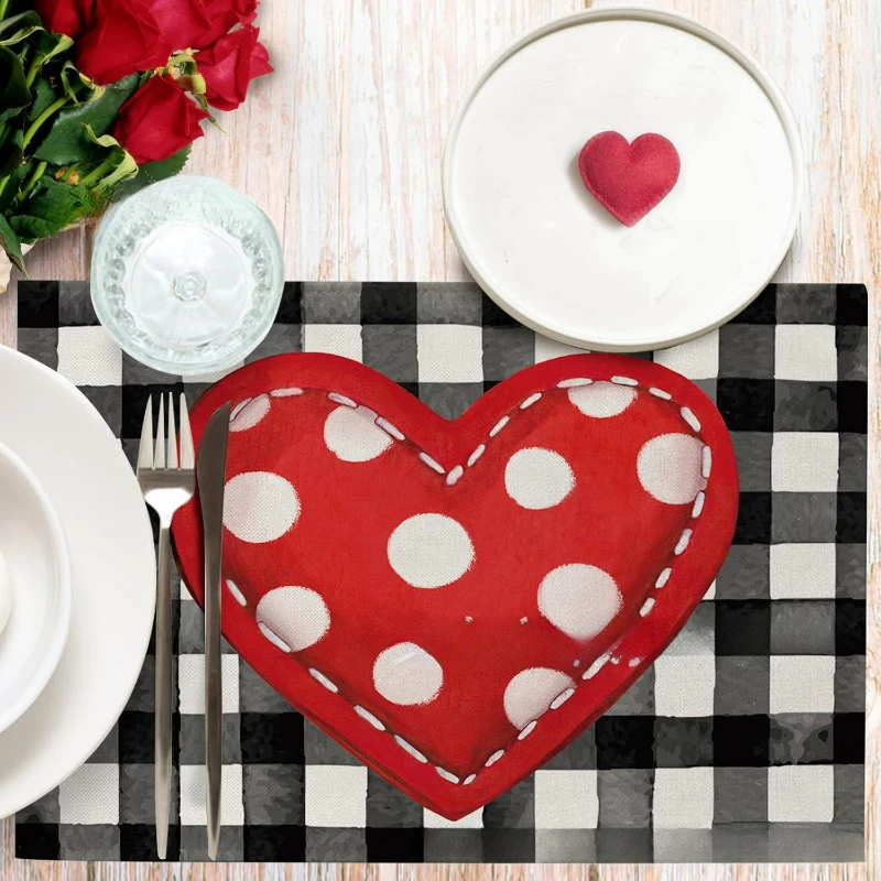 4 قطعة المفارش عيد الحب رومانسية القلب المفارش الحب طاولة طعام خمر الحب قلوب مكان الحصير المنزل المطبخ 2025 جديد