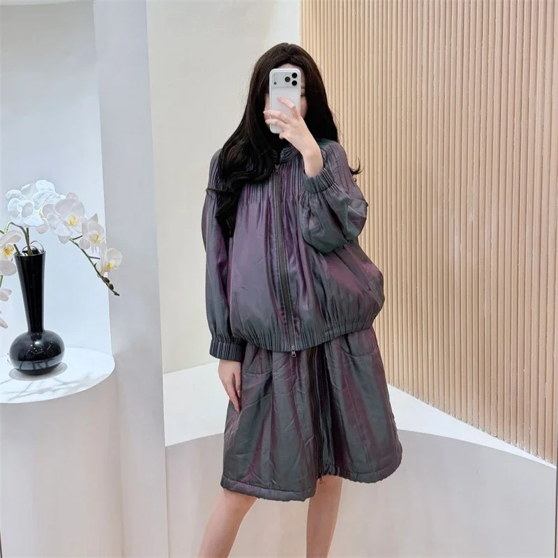 المرأة الخريف الشتاء قطعتين الرجعية الوقوف طوق جاكيت زيبرا + مرونة الخصر نصف تنورة التدرج الليزر النسيج مجموعة الموضة