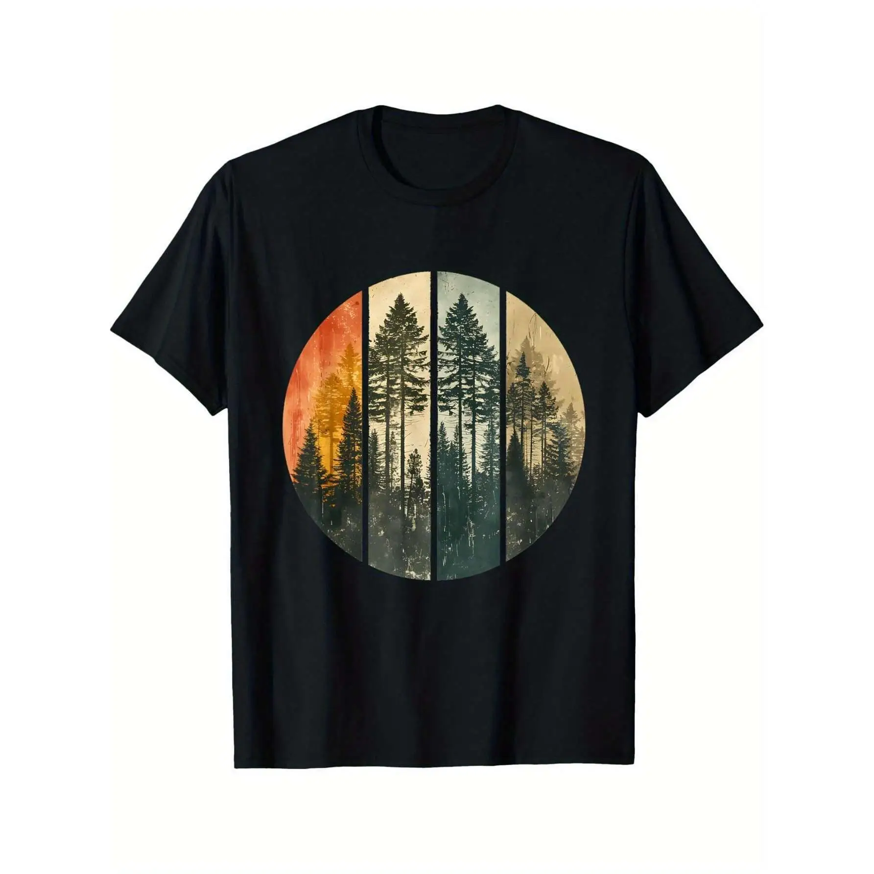 

Retro Forest T-Shirt Sunset Trees Print Tee Unisex Cotton Short Sleeve Top Outdoor Nature Lover Gift Camping Hiking Apparel