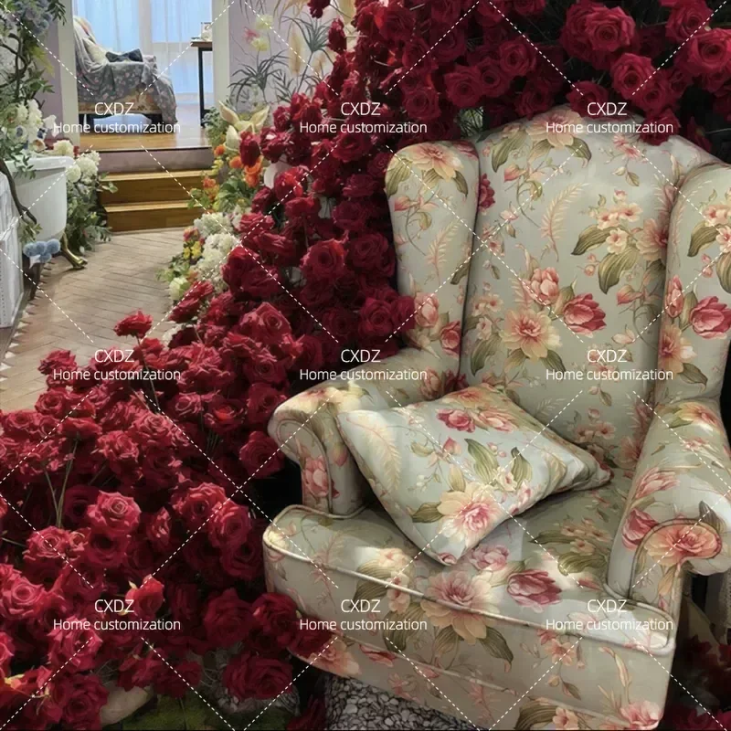 American Retro Fabric Single Sofa Recliner French Large Color Pastoral Tiger Chair Casual High Back Photography Photo Prop