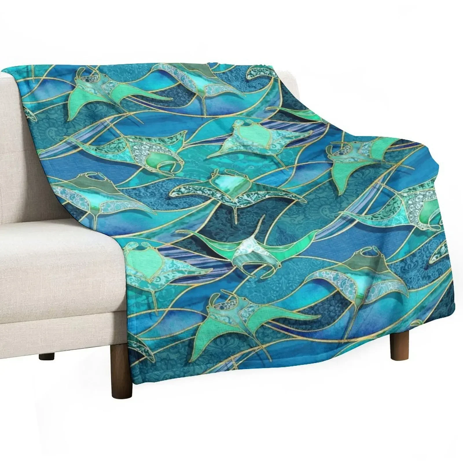 Patchwork Manta Rays in Teal Blue and Jade Green Throw Blanket Retros Tourist Thins Thermals For Travel warm for winter Blankets