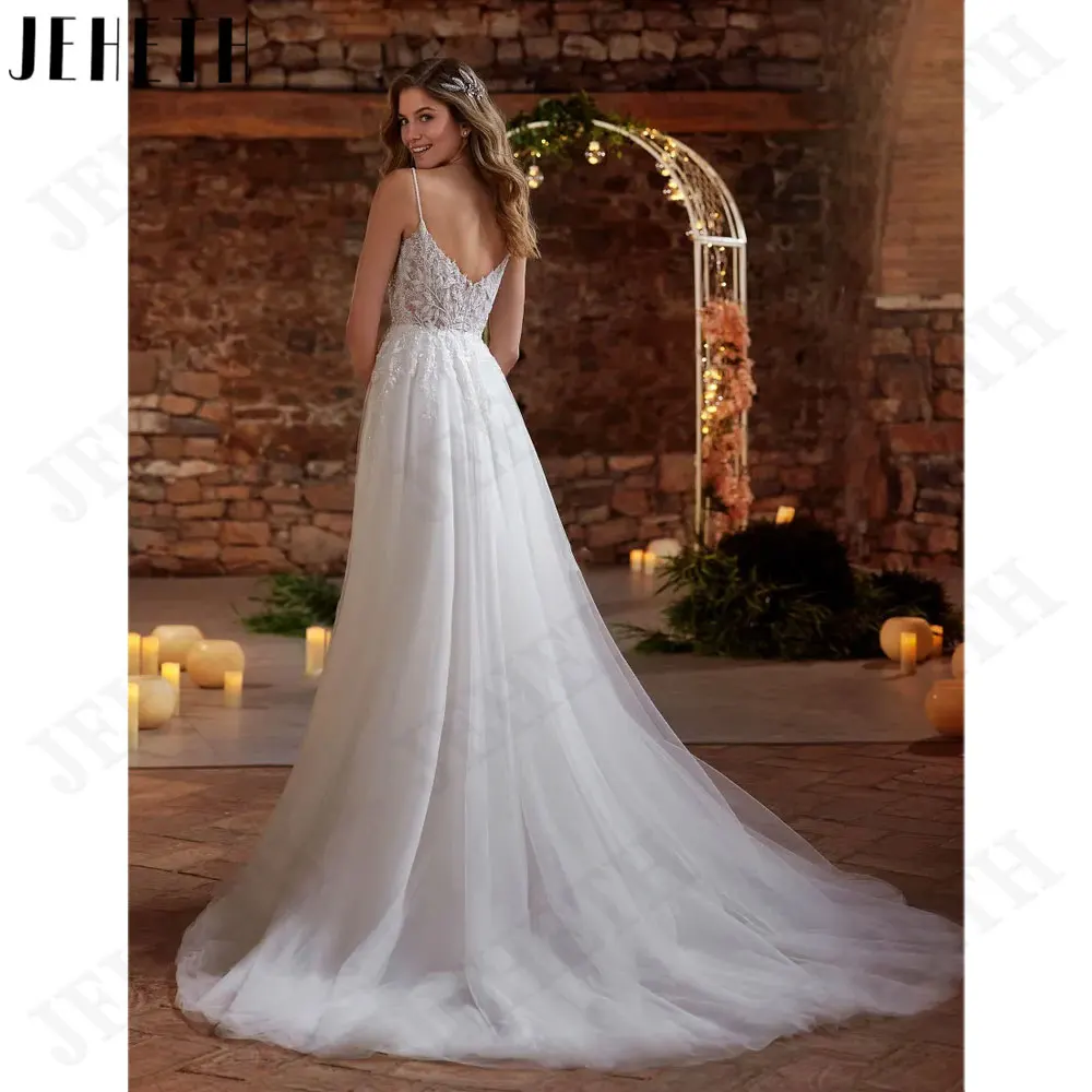 JEHETH Appliques a-line spachetti cinghie abito da sposa senza maniche Backless abiti da sposa 2024 abiti su misura de gala mujerJEHETH Appliques a-line spachetti cinghie abito da sposa senza maniche Backless abiti da