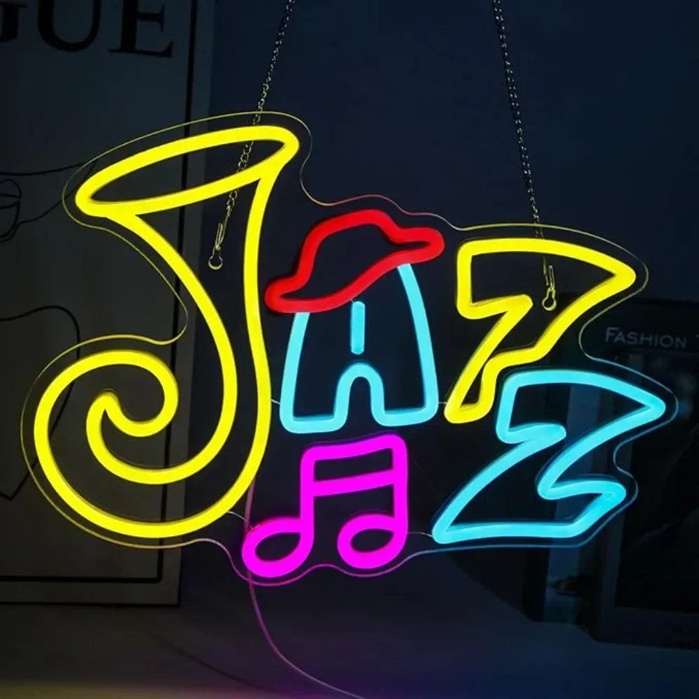 Jazz Neon Sign Colorful Music Note Hat LED Wall Art Acrylic USB Powered Dimmable Light Retro Style for Bar Cafe  Studio Decor