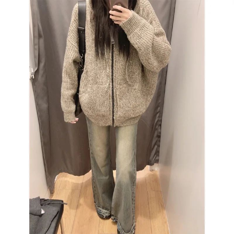 Autumn New Korean Retro Knitted Women's Oversized Hoodie Sweatshirts Winter Thick Warm Loose Zip Up Hoodie Coat for Women Y2k