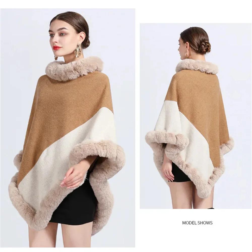 Winter Velvet Warm Beige Camel Contrast Loose Shawl Poncho Cloak O Neck String Faux Rabbit Fur Women Pullover Cape Overcoat