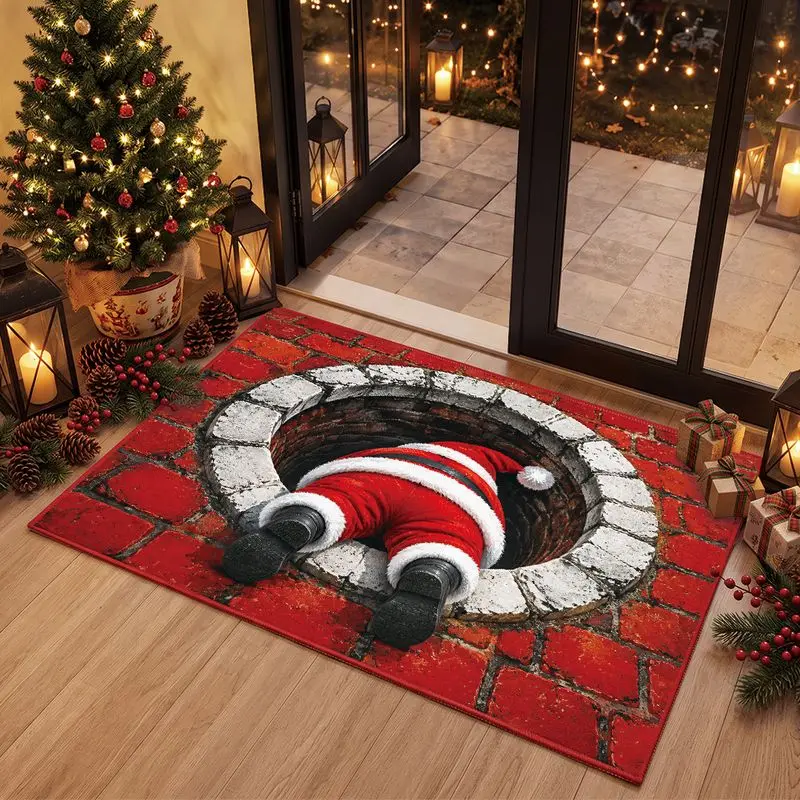 VIKAMA 3D Illusion Christmas Doormat Santa Stuck Red Brick Well, Entrance Mat Front Door Outdoor, Non Slip Floor Mat, Xmas Decor