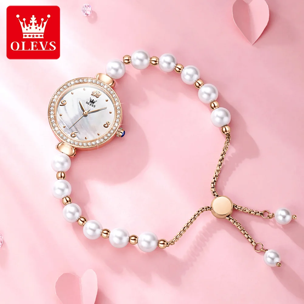 OLEVS 9968 Women\'s Quartz Watches Synthetic Pearl Watchband Elegant Luxury Diamond Bezel Design 30m Waterproof Ladies Wristwatch