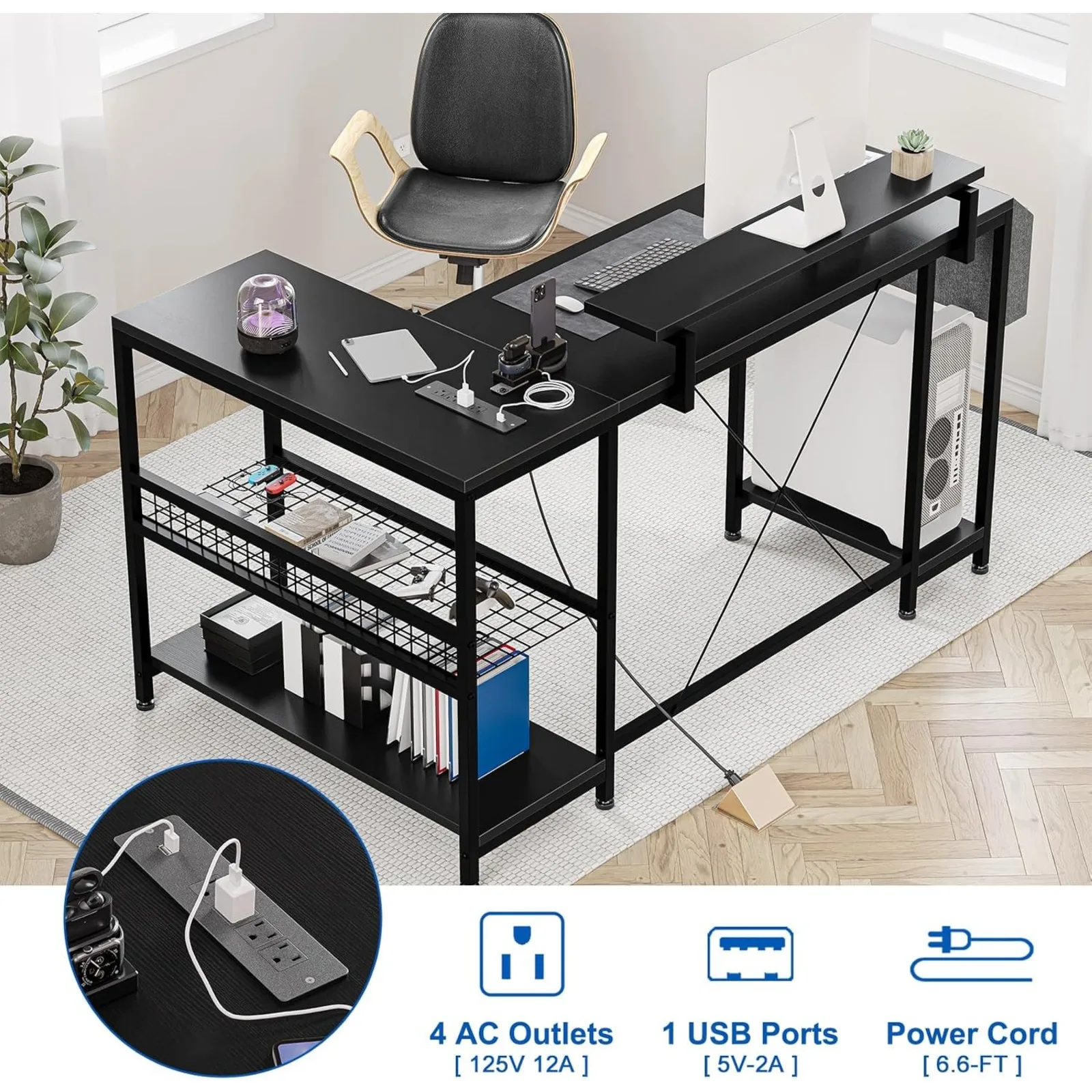 US L Shaped Computer Desk with Power Outlets & LED Light, 49.6