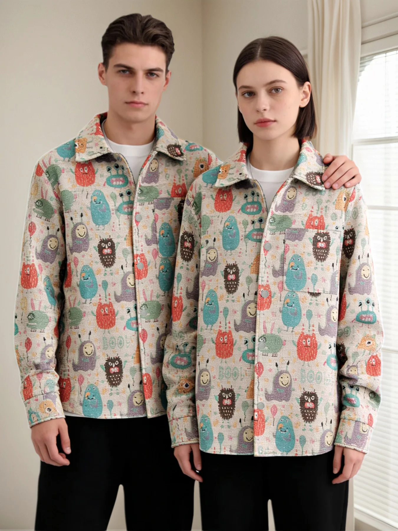 

Spring and autumn men's trendy casual jacquard work jacket with American retro design and fun cartoon anime style