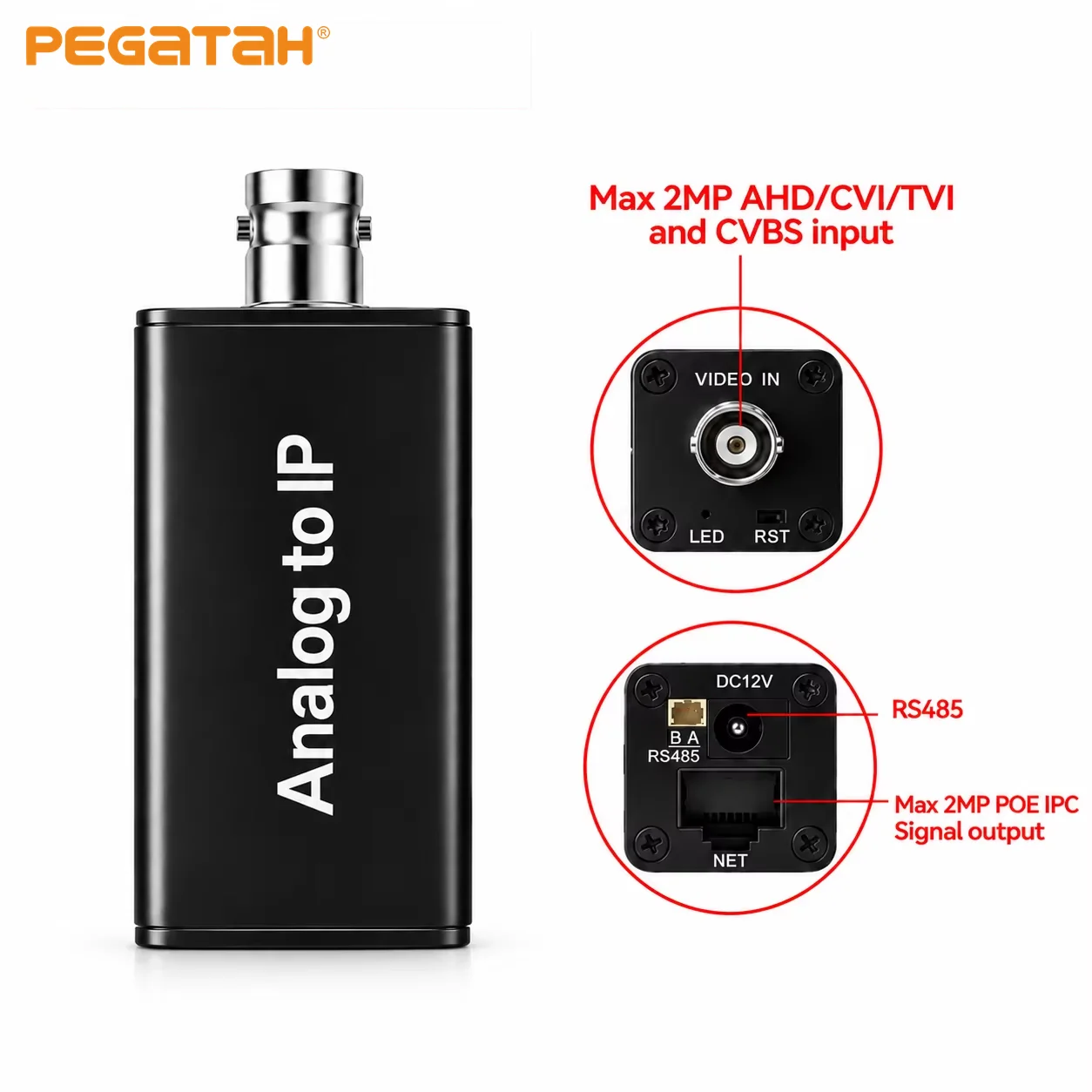 PEGATAH 1080P Analog CCTV Camera Converter ONVIF Protocol CVBS /TVI/AHD/CVI to IP Signal with RJ45 POE for Security Surveillance