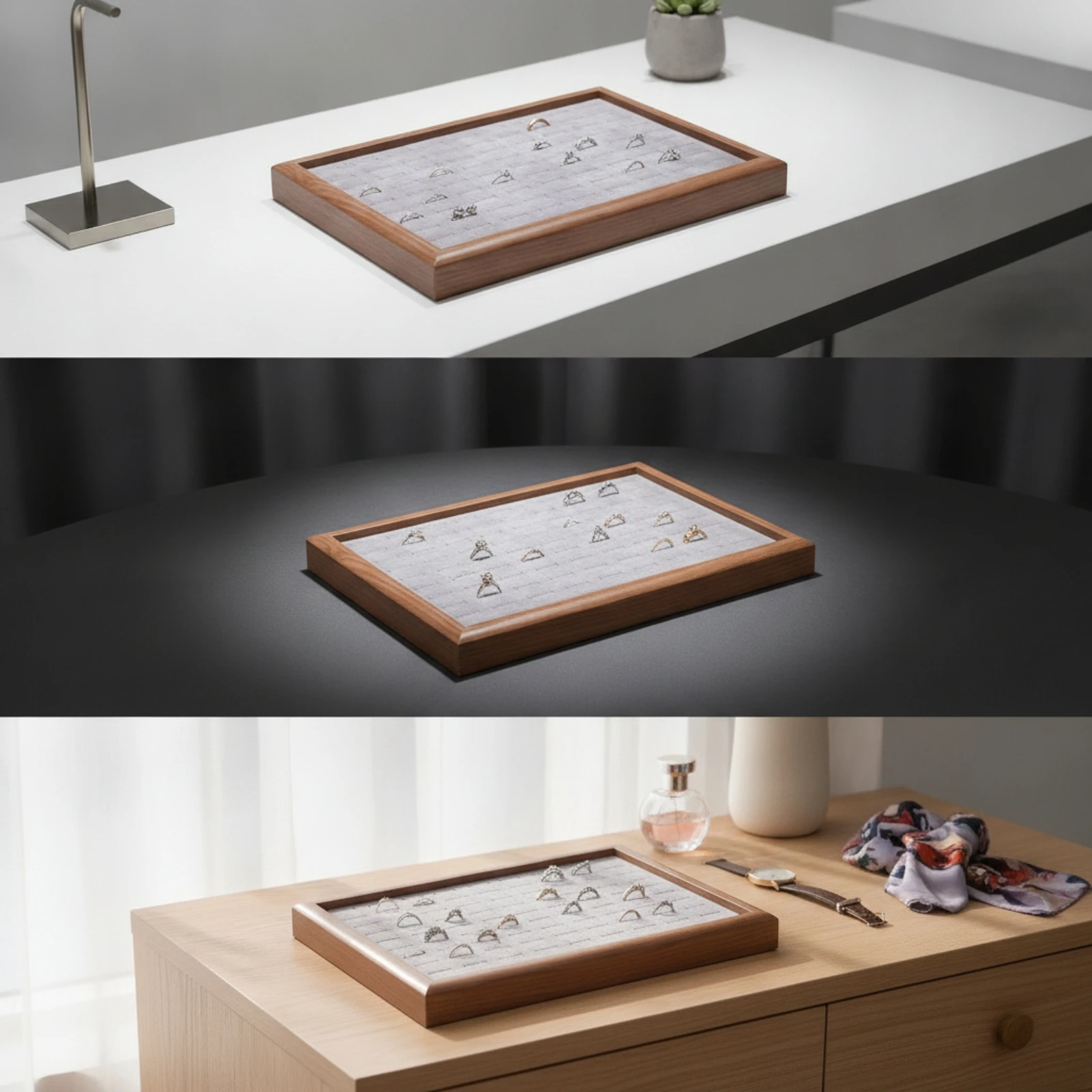 Wooden Jewelry Tray with Felt Insert Rectangular Band Holder Display Tray Long-Lasting Sturdy for Jewelers, Showcase, Countertop