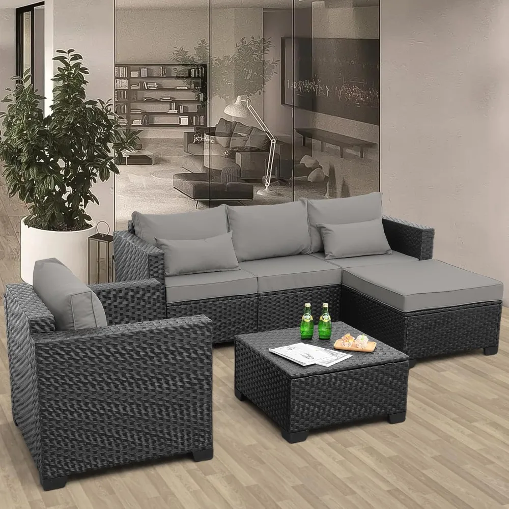 Furnitur Teras Anyaman Sofa Luar Ruangan 4 Buah Set Furnitur Teras Bagian Luar Ruangan dengan Kursi Teras dan Lapisan Penyimpanan Luar Ruangan