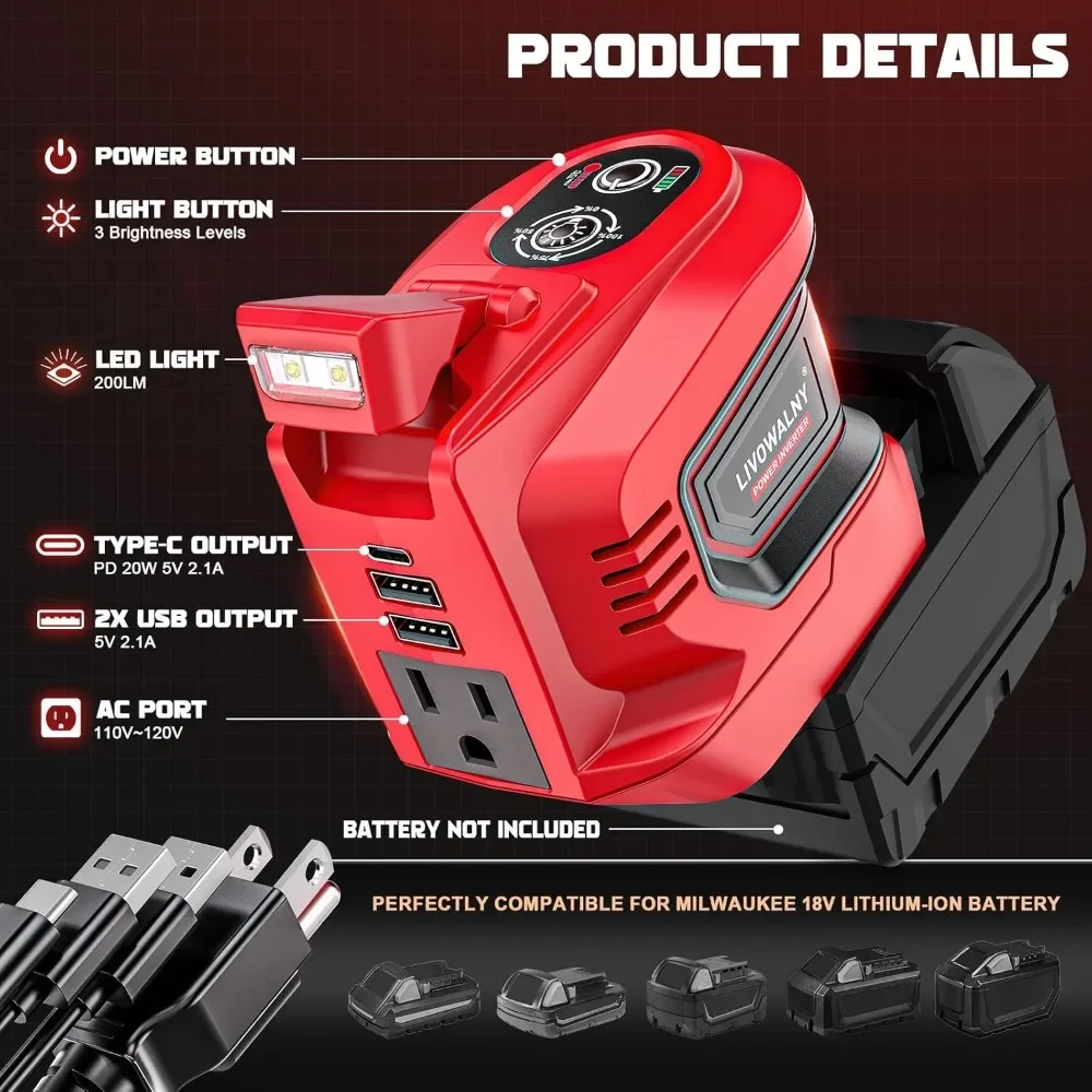 Popular 200W Power Inverter for Milwaukee 18V, DC 18V to AC 110-120V Battery Inverter, Portable Power Station Generator
