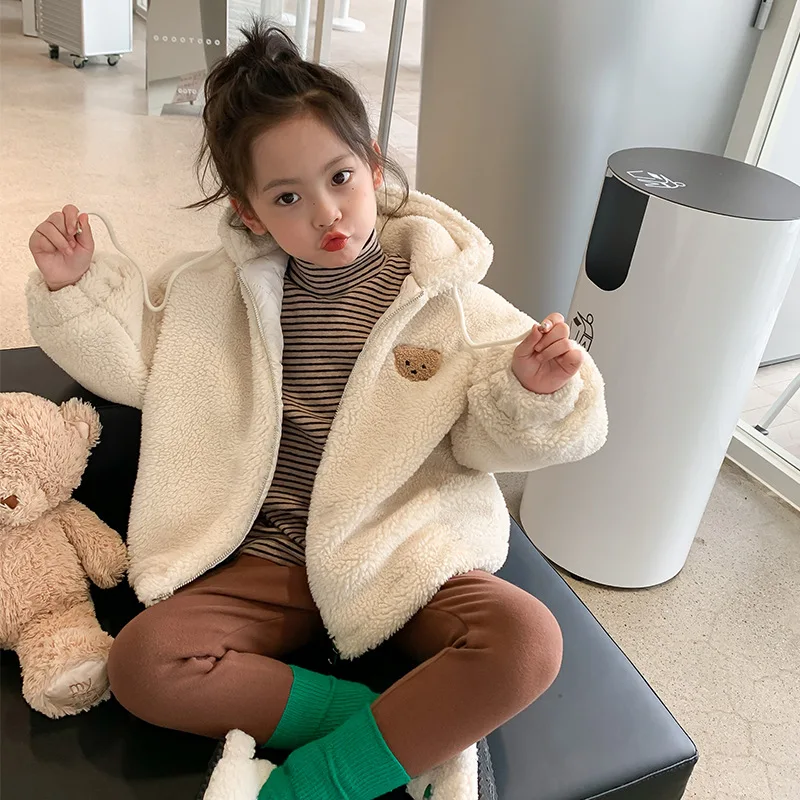 New Girls Coat Korean Children Clothing Kids Cotton Hooded Winter Bear Hair Woolen Coat Infant Baby Clothes Kids Outfits