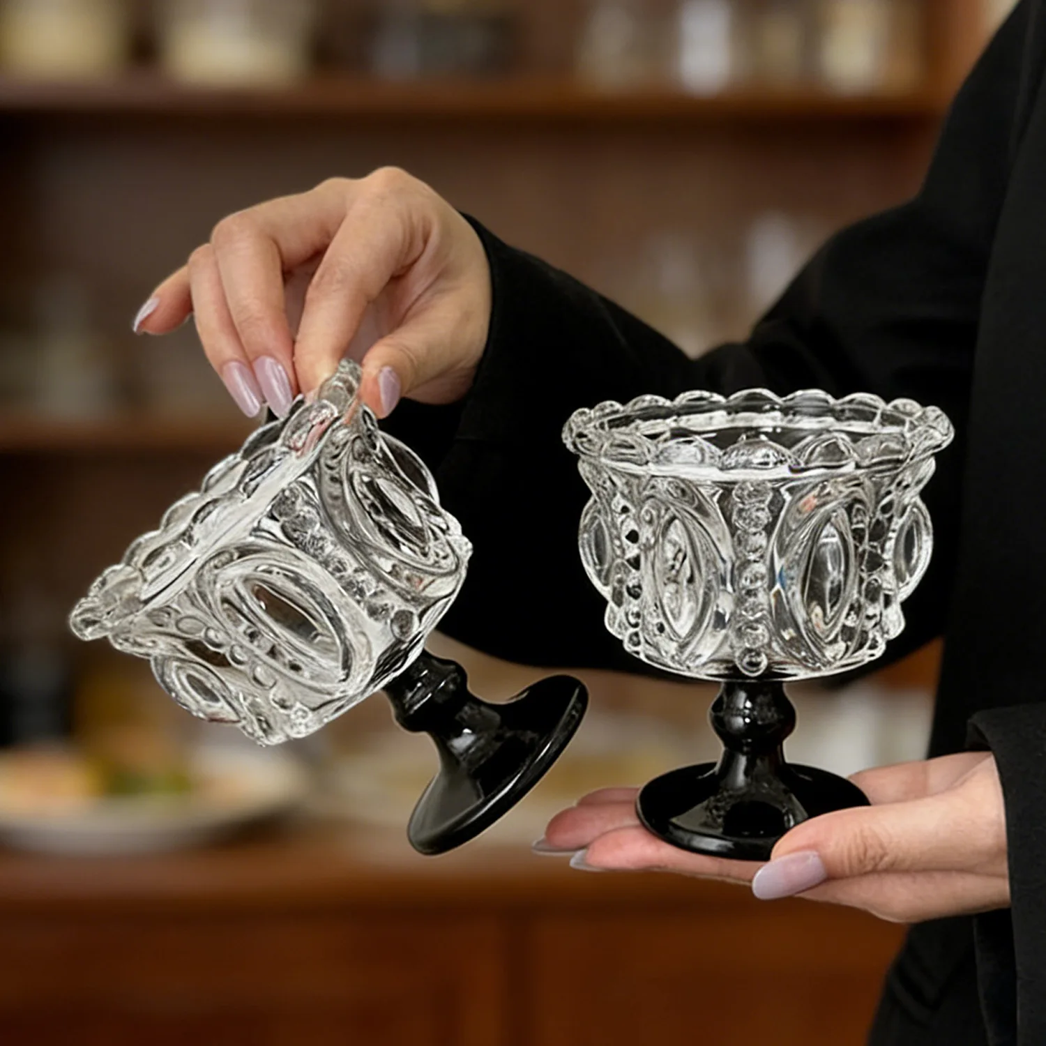 French Romantic Retro Embossed Ice Cream Cup Tall Palace Style Dessert Ice Cream Cup Crown Tall Glass Cup
