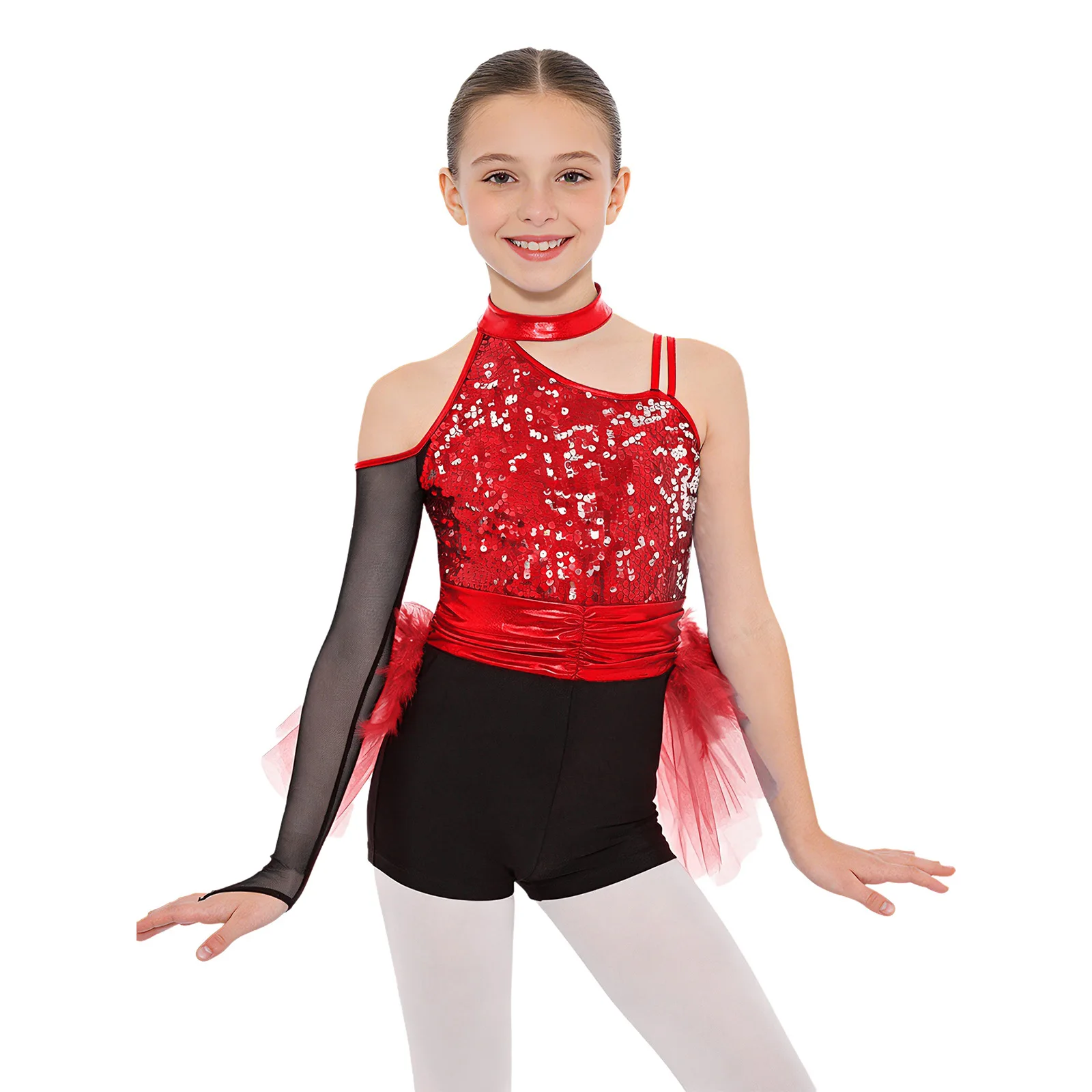 

Kids Girls Latin Jazz Dance Jumpsuit One Shoulder Sparkly Sequins Bodice Feather Tulle Tutu Skirted Leotard Workout Competition
