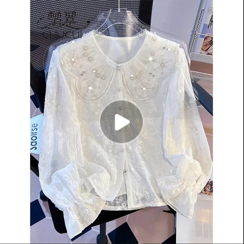 

Ladies' White Lace Long Sleeve Babydoll Collar Chiffon Shirt 2026 New Style Age-Defying Elegant High-End Feel Top