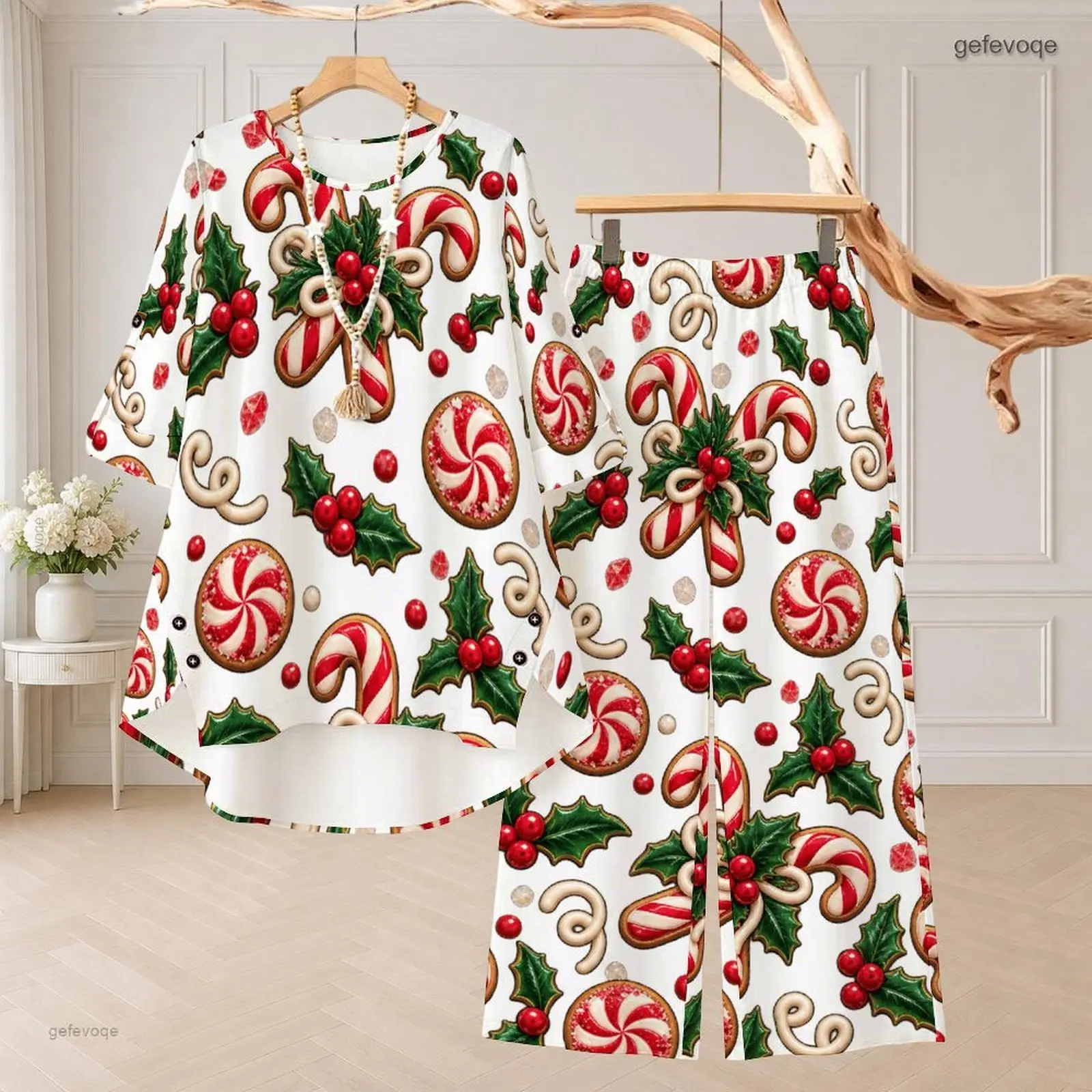 Women Candy Cane Holly Peppermint Cookie Printed Round Neck 3/4 Sleeve Top and Long Pants Two Piece Set