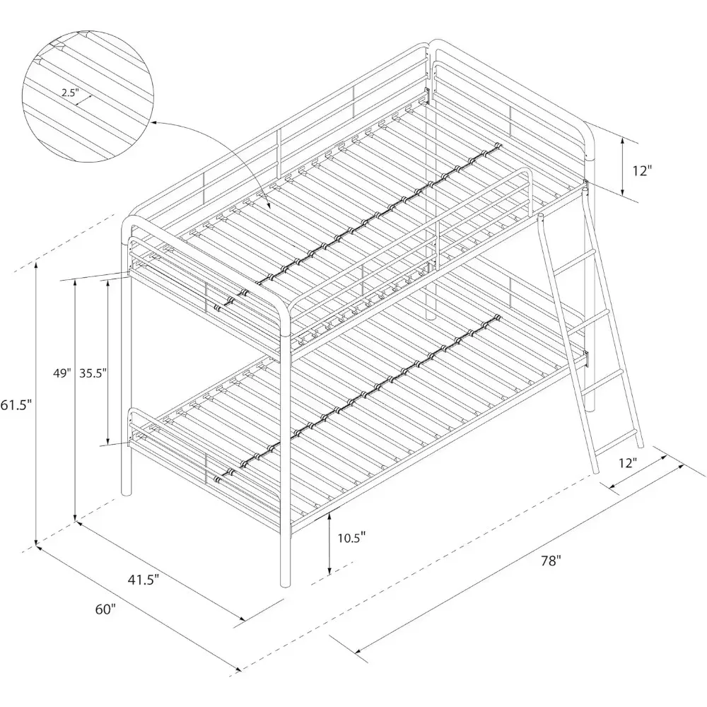 Dusty Metal Bunk Bed Frame for Kids, Teens, and Adults, with Angled Ladder, High Full Length Guardrail, Smooth Rounded Edges