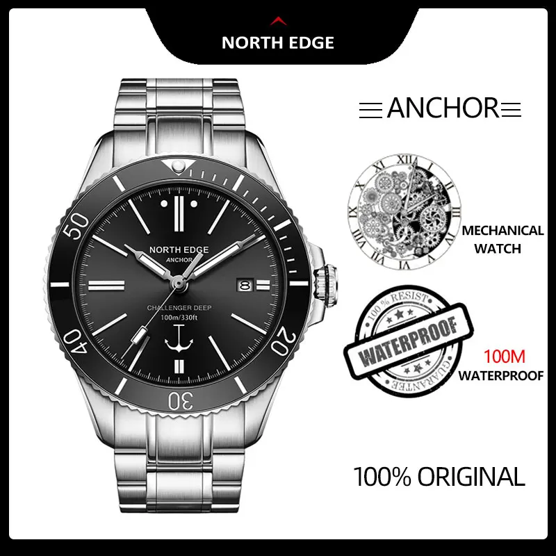 North Edge ANCHOR Sapphire Stainless Steel Automatic Movement 100M Waterproof Watch Green Water Ghost Mechanical Watch